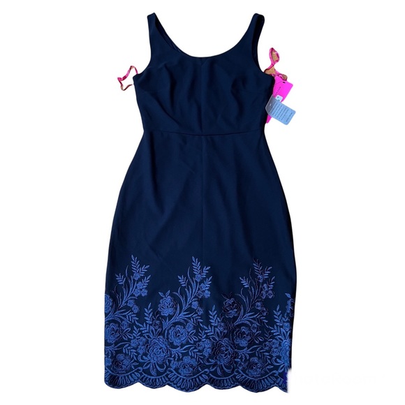 BETSEY JOHNSON EMBROIDERED SCUBA CREPE MIDI DRESS IN NAVY 4M077 - Picture 2 of 11